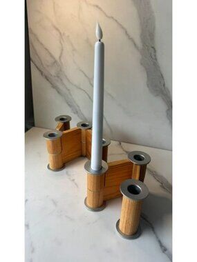 MCM Laur Jensen Zigzag Taper Candle Holder Wood and Silver